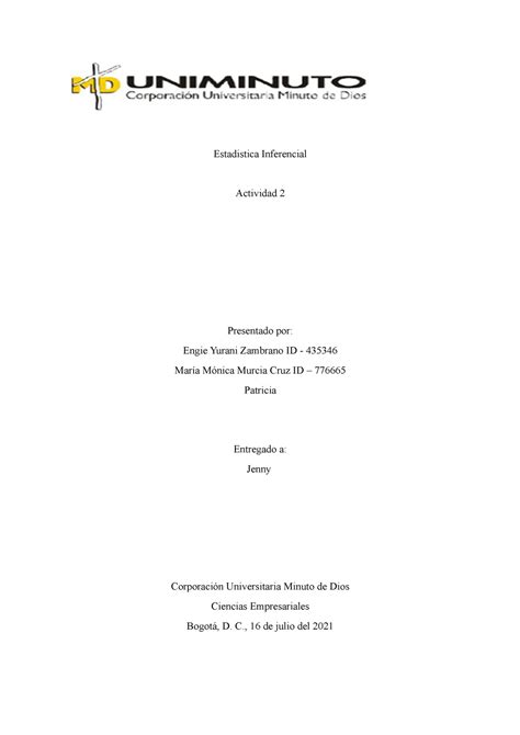 Actividad 2 Estadistica Inferencial Estadistica Inferencial Actividad 2 Presentado Por Engie