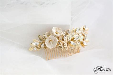 Sparkling Grecian Inspired Laurel Leaf Hair Comb In Gold With Handmade