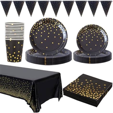 Vaisselle Noir Or Fête Anniversaire 20 Invités Assiette Carton