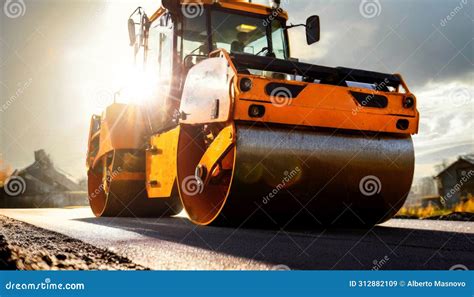 Large Modern Yellow Road Roller Or Steamroller On A New Asphalt Road