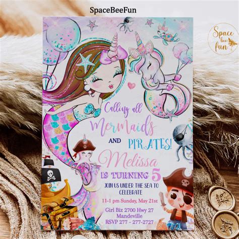 Mermaid And Pirates Birthday Invitation Unicorn Zazzle