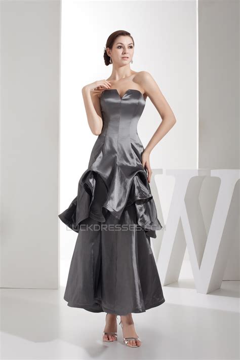 Ruched Taffeta Silk Like Satin Netting Ankle Length Prom Formal Evening