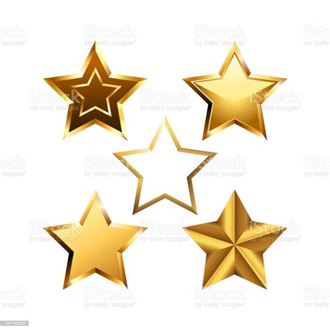 Vector Set Of Realistic Metallic Golden Stars Isolated On White