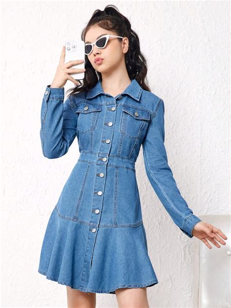 Teen Girl Flap Pocket Ruffle Hem Denim Dress Shein Usa