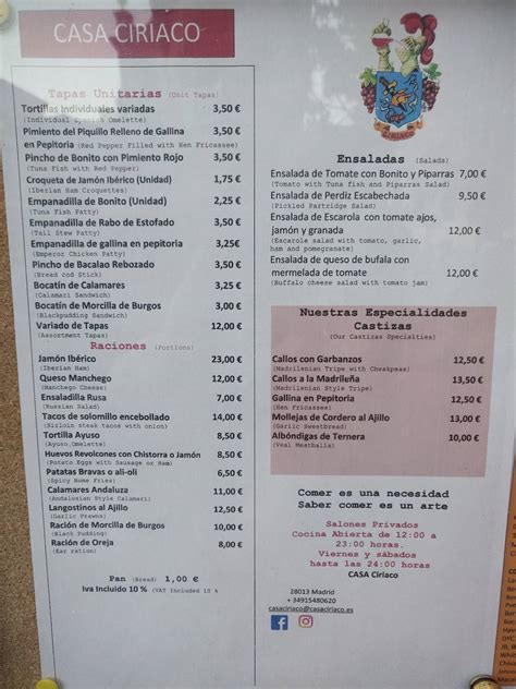 Carta Del Pub Y Bar Casa Ciriaco Madrid C Mayor