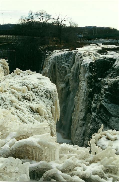 Close up of the frozen sections of the Paterson Falls, Paterson, NJ ...