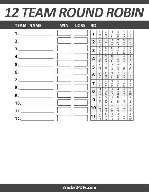 12 Team Round Robin - Printable Schedule