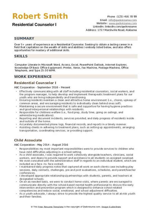 Residential Counselor Resume Samples Qwikresume