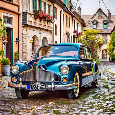 Um carro clássico verde da década de 1950 percorre o prado no coração