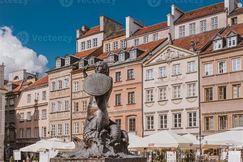 Historic Mermaid Statue In Warsaw Old Town Poland On A Summer Holiday