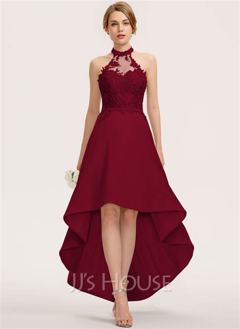 US 145 00 A Line Halter Asymmetrical Chiffon Lace Bridesmaid Dress