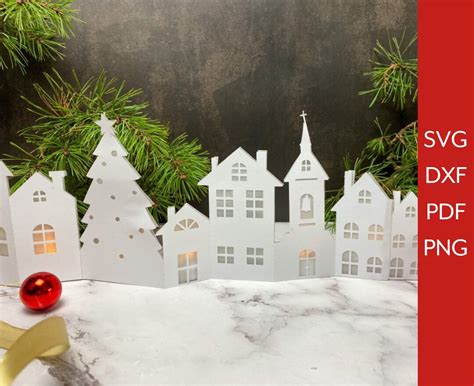 Christmas Village Svg Paper Winter Display With Lights Svg 3D Template