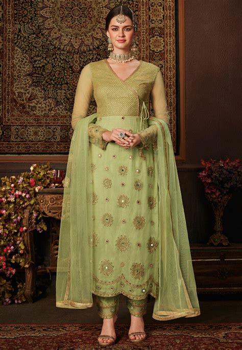 Buy Embroidered Angrakha Style Net Pakistani Suit In Light Green Online