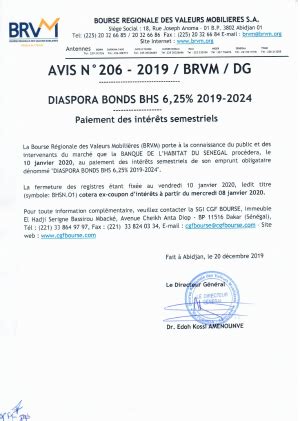 Avis N206 2019 BRVM DG Paiement des intérêts semestriels DIASPORA