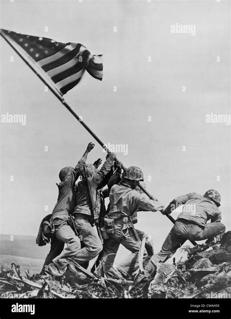 American Marines Raising Us Flag On Mount Suribachi Iwo Jima Feb 23