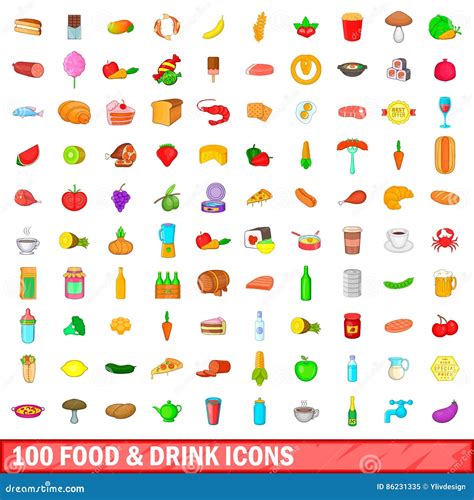 100 Food And Drink Icons Set Cartoon Style Stock Vector Illustration