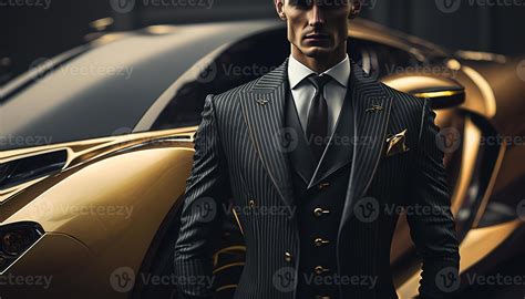 A Close-Up of a Rich Businessman Standing in Front of a Luxurious ...