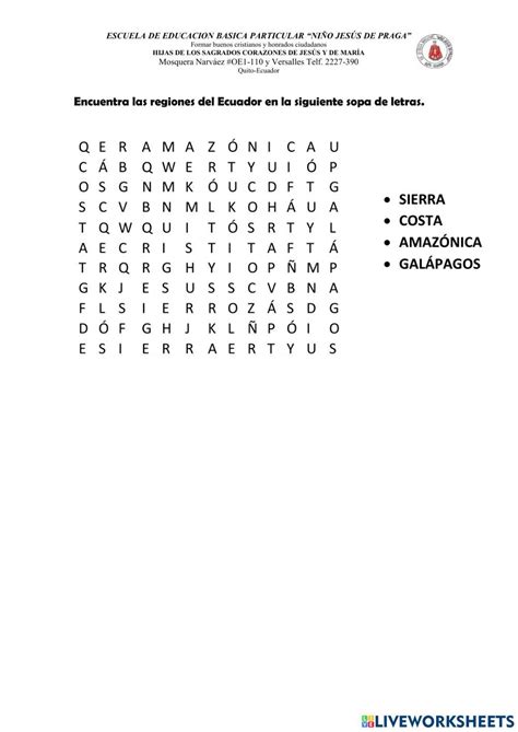 Sopa De Letras Regiones Del Ecuador Worksheet Word Search Puzzle