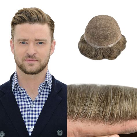 Mens Toupee Human Hair Replacement System Soft French Lace Toupee For Men Bleached