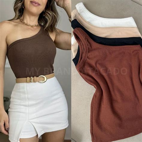 Cropped Regata Básica Ombro só Ribana Canelada Elegante algodão Blusa