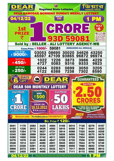 NAGALAND STATE Dear Daily Lottery Result 1 00 Pm 04 December 2022 All