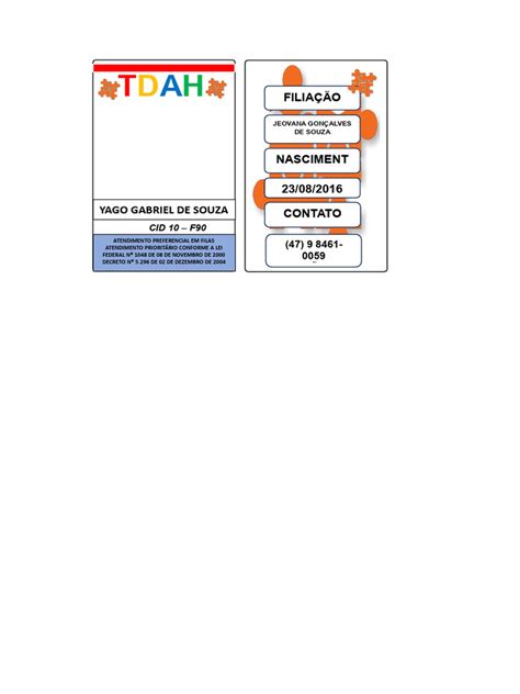 Carteirinha Do Tdah Para Imprimir - Carteirinha de Identificação TDAH | PDF