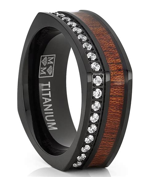 Ringwright Co Mens Square Black Titanium Wedding Band Ring Cubic Zirconia Wood Inlay 8mm