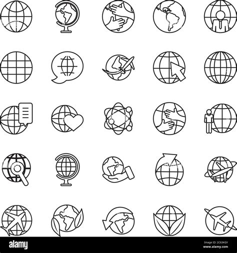 Leaves And Global Spheres Icon Set Over White Background Line Style Vector Illustration Stock