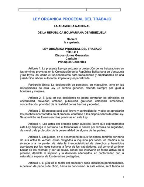 Ley Org Nica Procesal Del Trabajo Venezuela Pdf