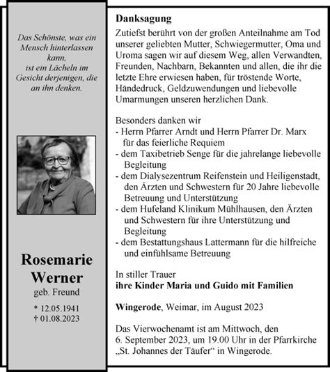 Traueranzeigen Von Rosemarie Werner Trauer In Thueringen De