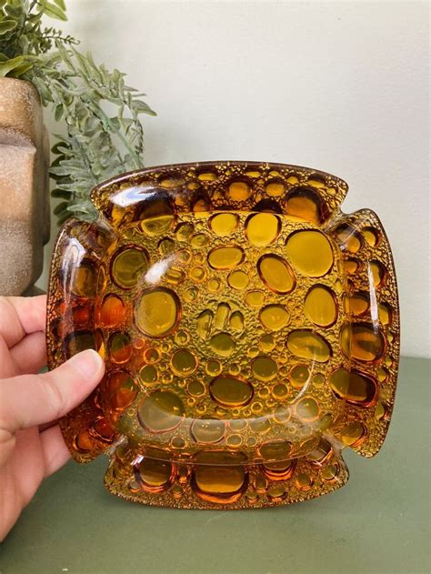 Elegant Vintage Blenko Amber Bubble Glass Ashtray