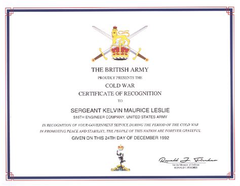 British Cold War Recognition Certificate