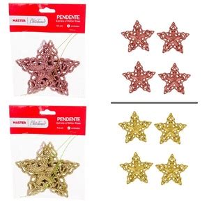 Kit 4 Estrelas De 5 Pontas Glitter Enfeite Natalino Para