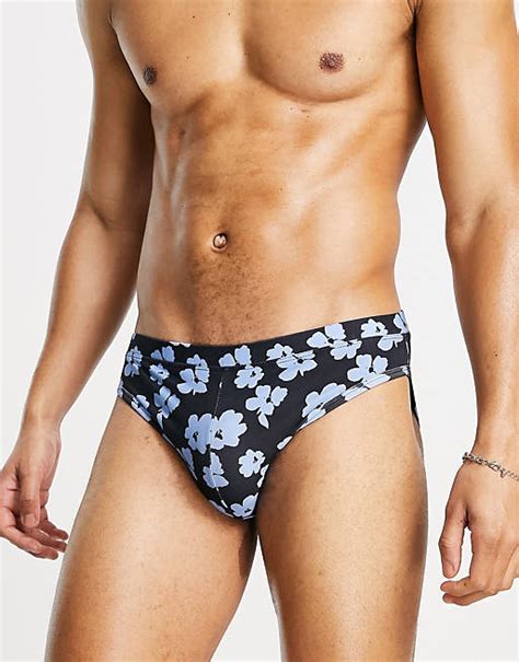 Asos Design Swim Briefs With Floral Print In Black Asos