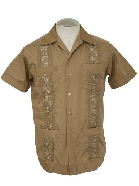 Vintage 1970s Guayabera Shirt 70s Guayabera Mens Mocha Brown Cotton