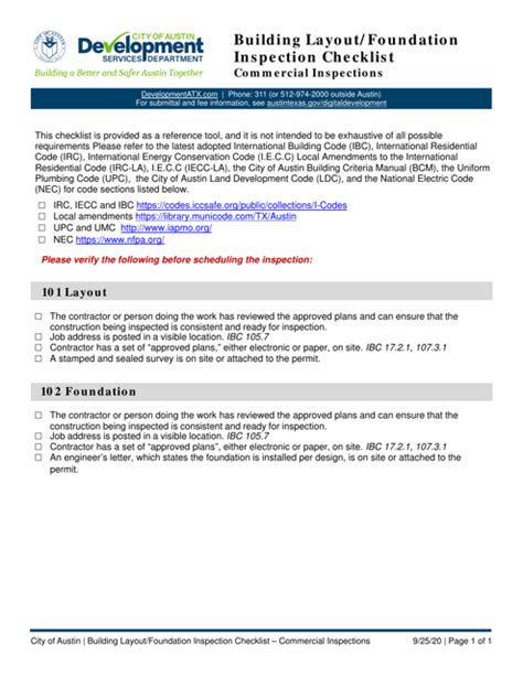 City Of Austin Texas Building Layout Foundation Inspection Checklist