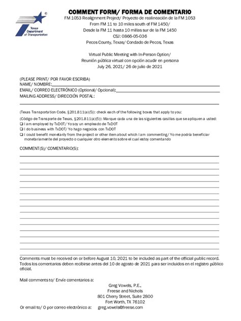 Fillable Online Ftp Txdot Comment Form Forma De Comentario Ftp Txdot
