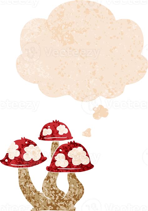 Cartoon Mushrooms With Thought Bubble In Grunge Distressed Retro Textured Style 40710237 Png