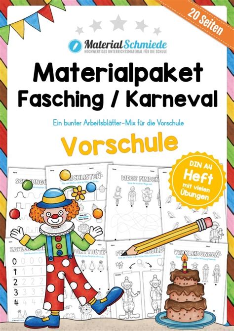 Materialpaket Fasching Karneval Vorschule 20 Arbeitsblätter