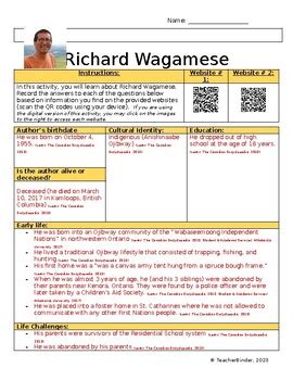 Richard Wagamese Biography Worksheet (with answer key!) by TeacherBinder