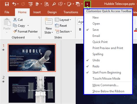 Quick Access Toolbar in PowerPoint 2019 for Windows