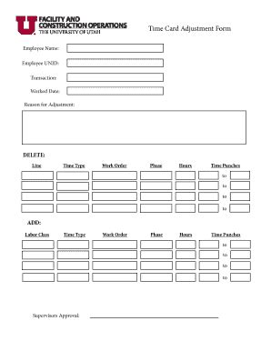 Fillable Online Facilities Utah Time Card Adjustment Form Facilities