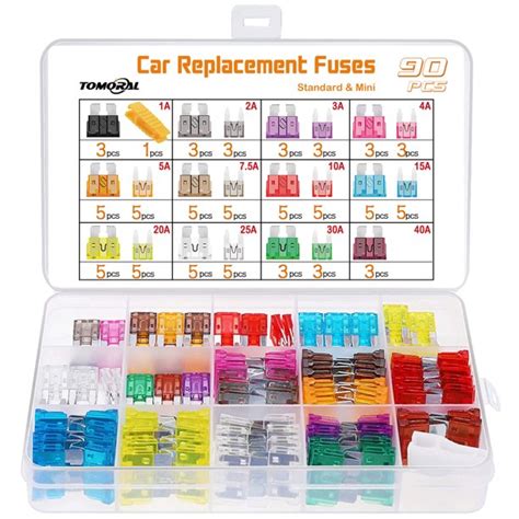 Tomoral 90 Pcs Car Fuses Assortment Kit Blade Type Automotive Fuses Standard Fuses Mini Fuses