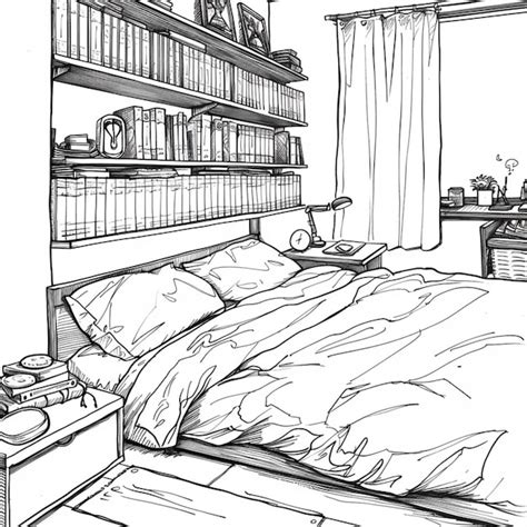 A Drawing Of A Bedroom With A Bed And A Book Shelf Generative Ai Premium Ai Generated Image