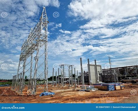 Steel Structure Of High Voltage Take Off Tower In The Switchyard Power