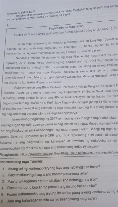 Pamprosesong Tanong 1 Anong Uri Ng Kontemporaryong Isyu Ang Nabanggit