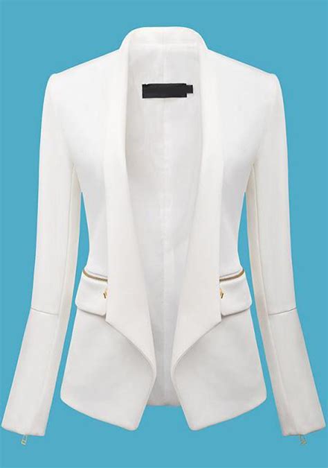 White Long Sleeve Zipper Fitted Blazer Clothes Fashion Outfits Blazers For Women