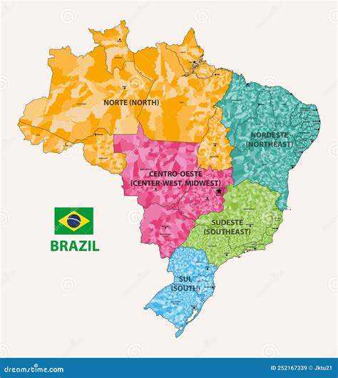 Brazil States And Municipalities Detailed Vector Map Colored By Regions