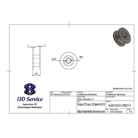 Poulie GT2 20 dents avec roulement Pour axe diamètre 3 4 ou 5mm et