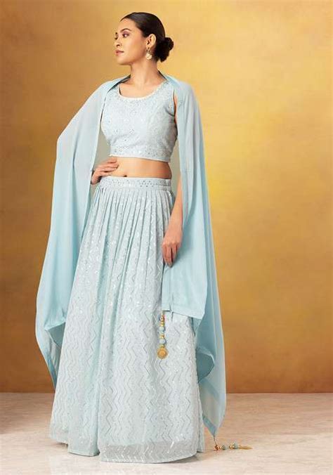 Buy Women Powder Blue Abstract Embroidered Lehenga Set With Embroidered